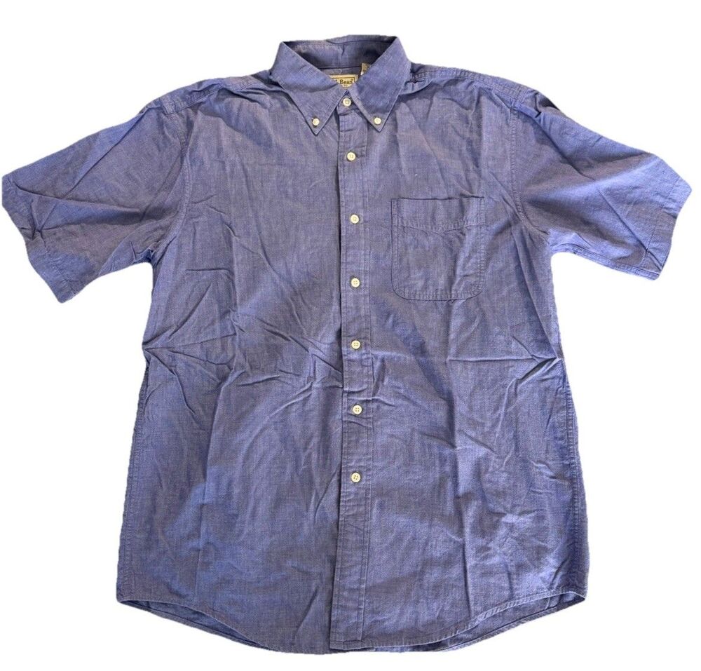 Vintage LL Bean Mens Size M Blue Short Sleeve Button Down Shirt 100% Cotton